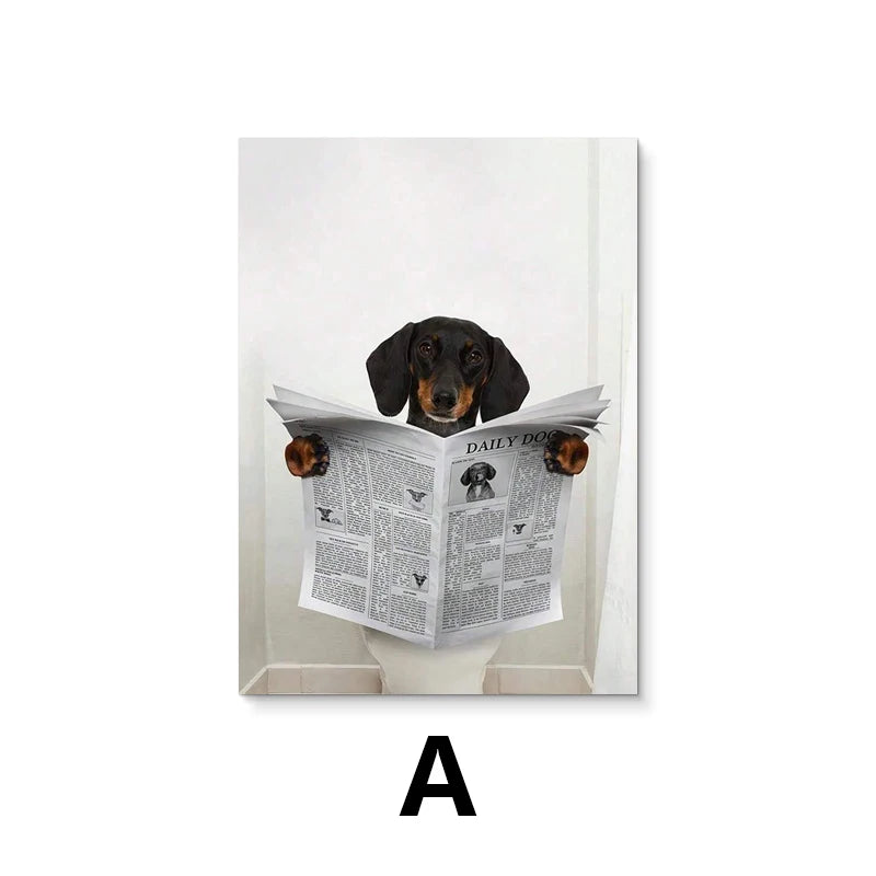 Modern Simple Animal Wall Art Dachshund Toilet Reading Newspaper Canvas Printed Poster Home Bathroom Bedroom Decoration