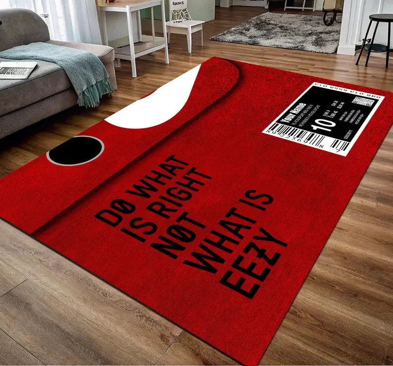 Alfombra con estampado de zapatillas, alfombra de decoración urbana con tipografía streetwear en tonos rojo y negro para sala de estar, alfombras para dormitorio.