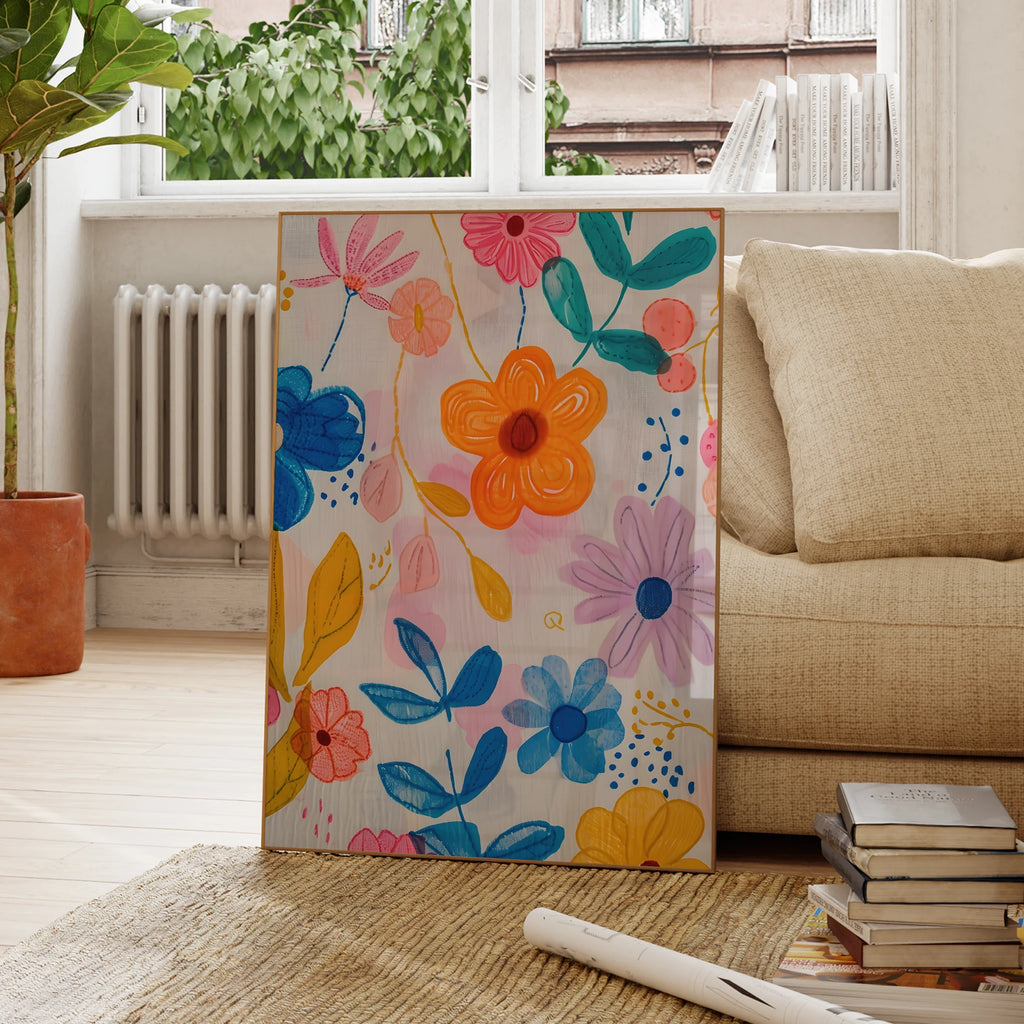 Póster de pintura en lienzo con estampados de arte de pared de flores modernas rosas, azules y amarillas entrelazadas para decoración del hogar de la sala de estar