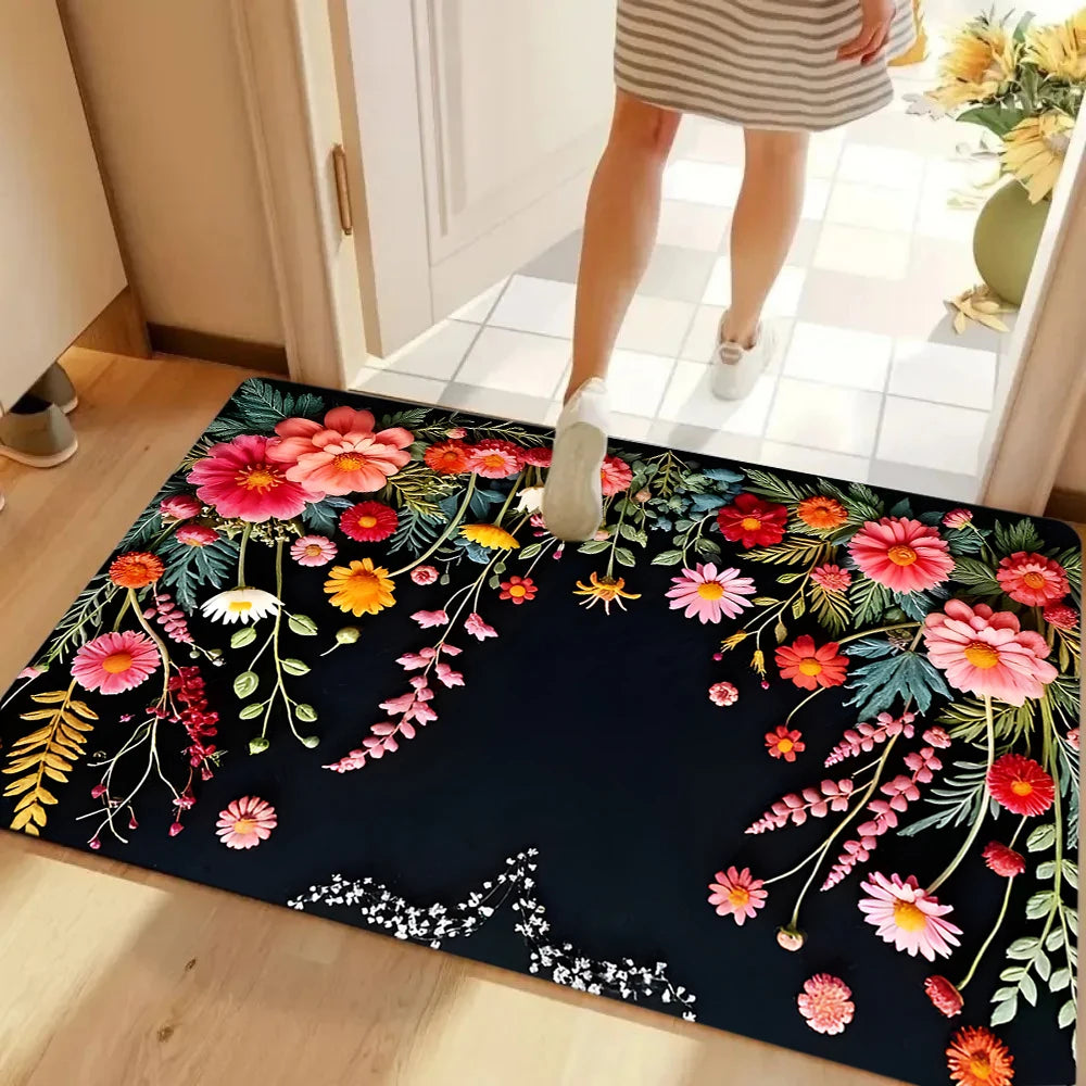 Alfombra Estampada Floral de Primavera Alfombrilla Floral Rosa para Puerta Dormitorio Cocina Sala de Estar Porche Entrada Alfombra Antideslizante