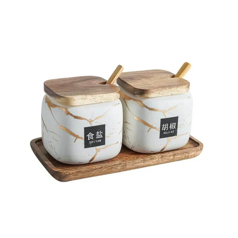 Juego de dos tarros de condimentos esmerilados para cocina japonesa, de cerámica con diseño de mármol, combinado, para sal, azúcar y especias.