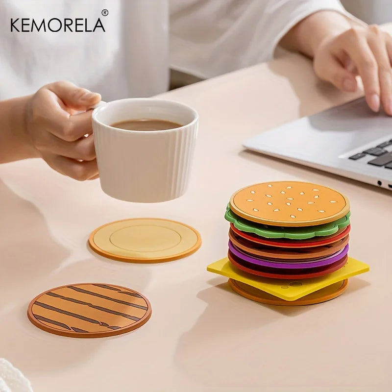 8 unids/set Posavasos con forma de hamburguesa Almohadilla creativa para taza Estera de aislamiento de silicona Soporte para tazas Decoraciones de mesa de comedor de cocina y bar Regalo para niños