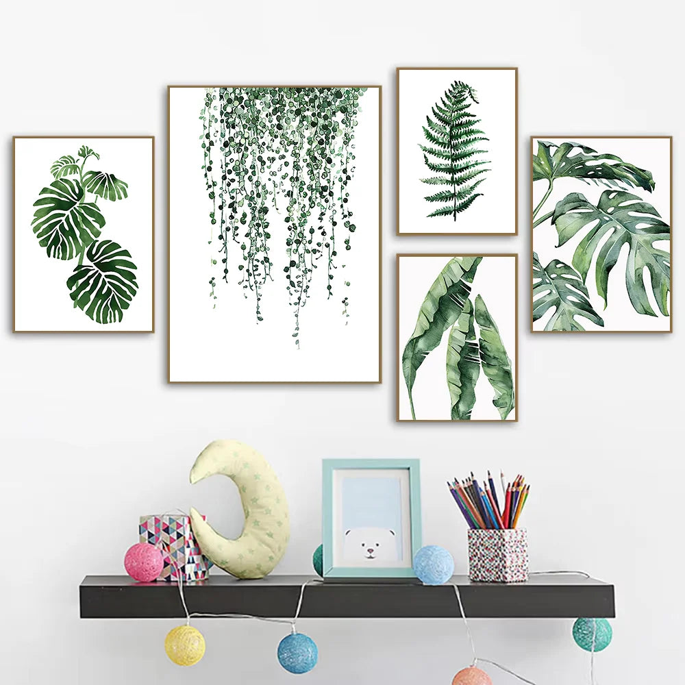 Cuadros de pared nórdicos con plantas verdes, lienzo, arte de pared, Monstera, helecho, hojas de plátano, pintura, decoración, sala de estar, dormitorio, impresiones botánicas, gran oferta