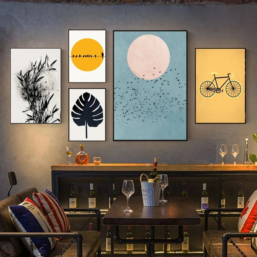 Tableau mural moderne de style bohème minimaliste, arbres, oiseaux, soleil, paysage, affiches HD, décoration pour maison, chambre, bar, café