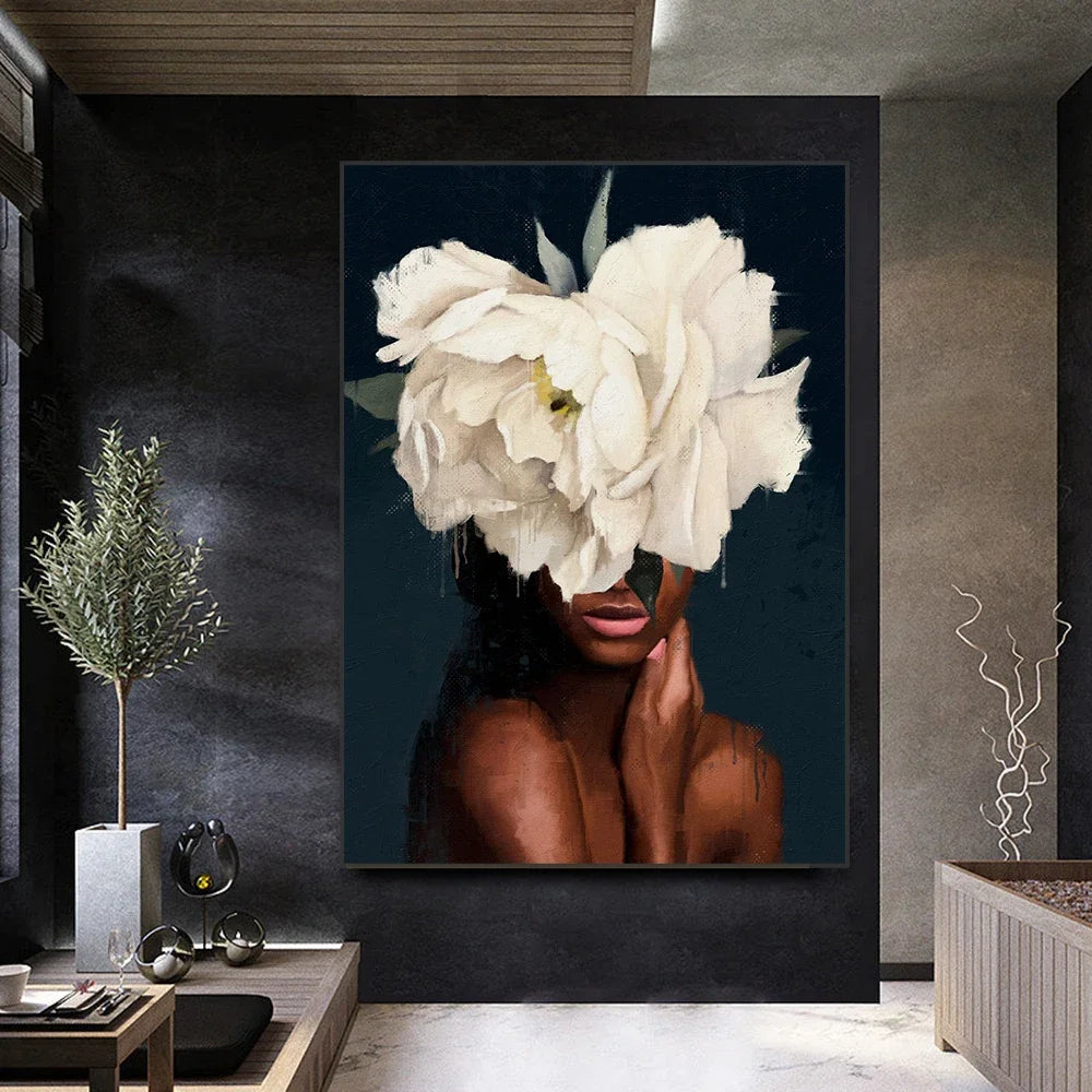 Clásico abstracto arte de pared mujer negra niña con flores lienzo impreso póster impresión póster decoración del hogar sala de estar dormitorio