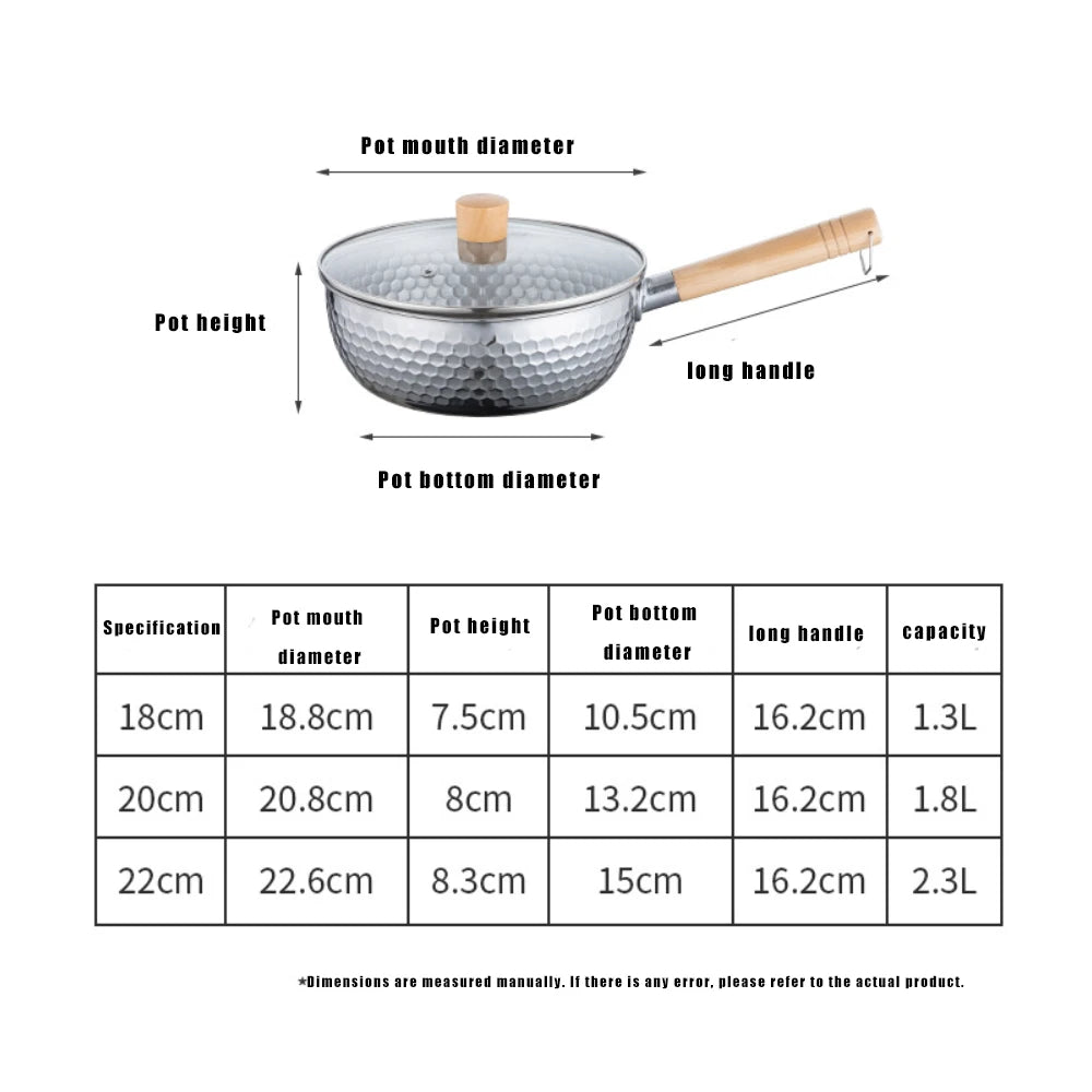 Casserole en acier inoxydable 430, casserole japonaise Snow Pan, wok à frire, poignée en bois, marmite, casserole à lait, ustensiles de cuisine, batterie de cuisine