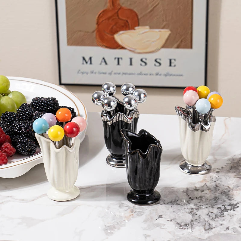 Juego de tenedores de fruta y postre de acero inoxidable de alta gama, con recipiente de almacenamiento de cerámica - tenedor de fruta innovador
