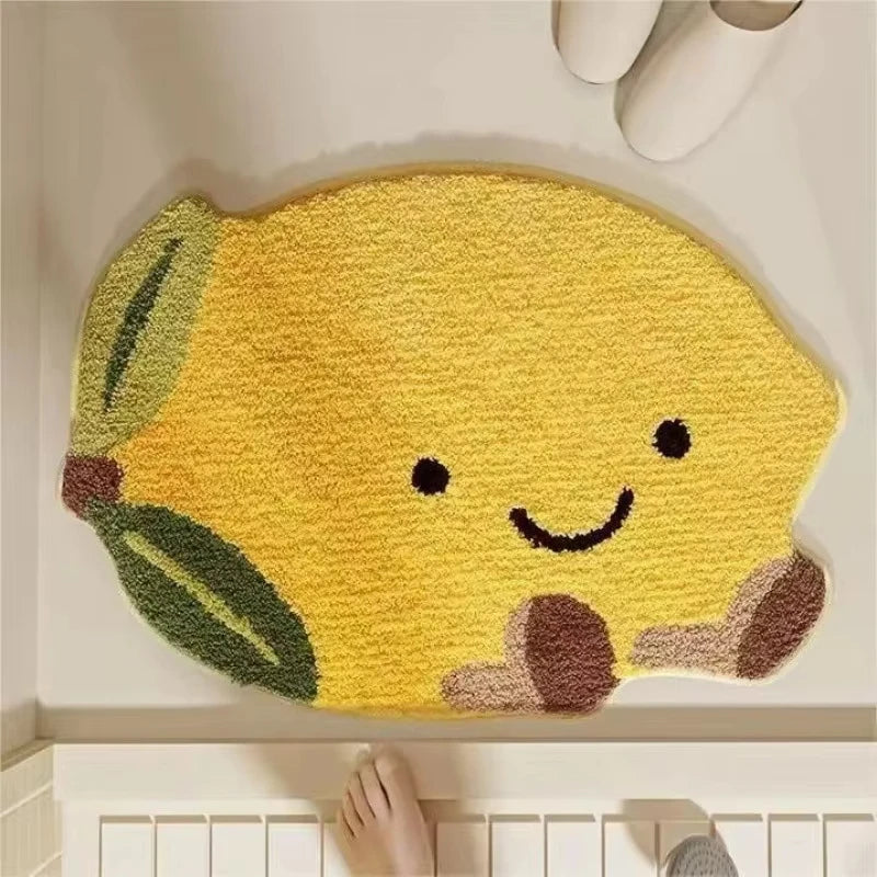 VIKAMA Tapis en peluche avec motif citron souriant mignon de dessin animé, absorbant l'eau et antidérapant, pour salle de bain, décoration d'intérieur