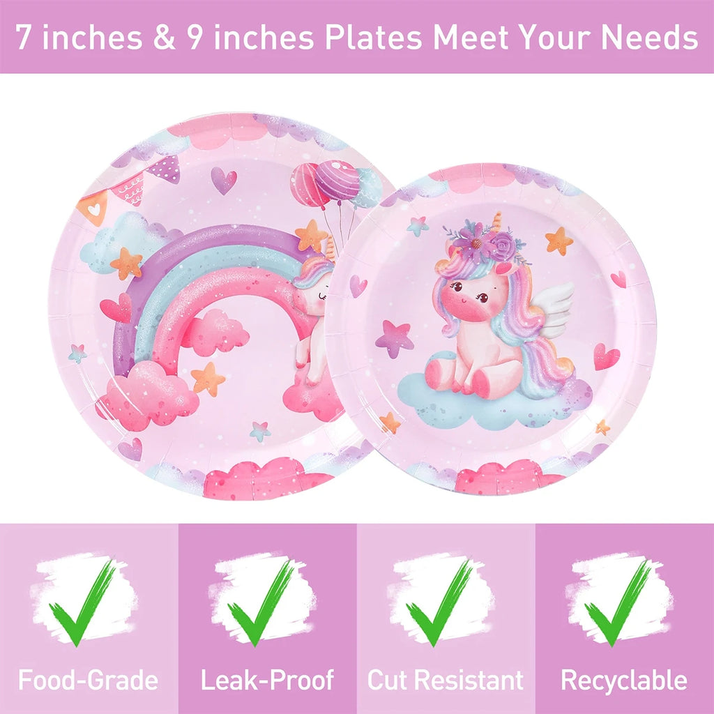 Juego de vajilla desechable de unicornio: platos, vasos, servilletas, decoración de fiesta de cumpleaños para niños y niñas, artículos para fiesta de cumpleaños de boda