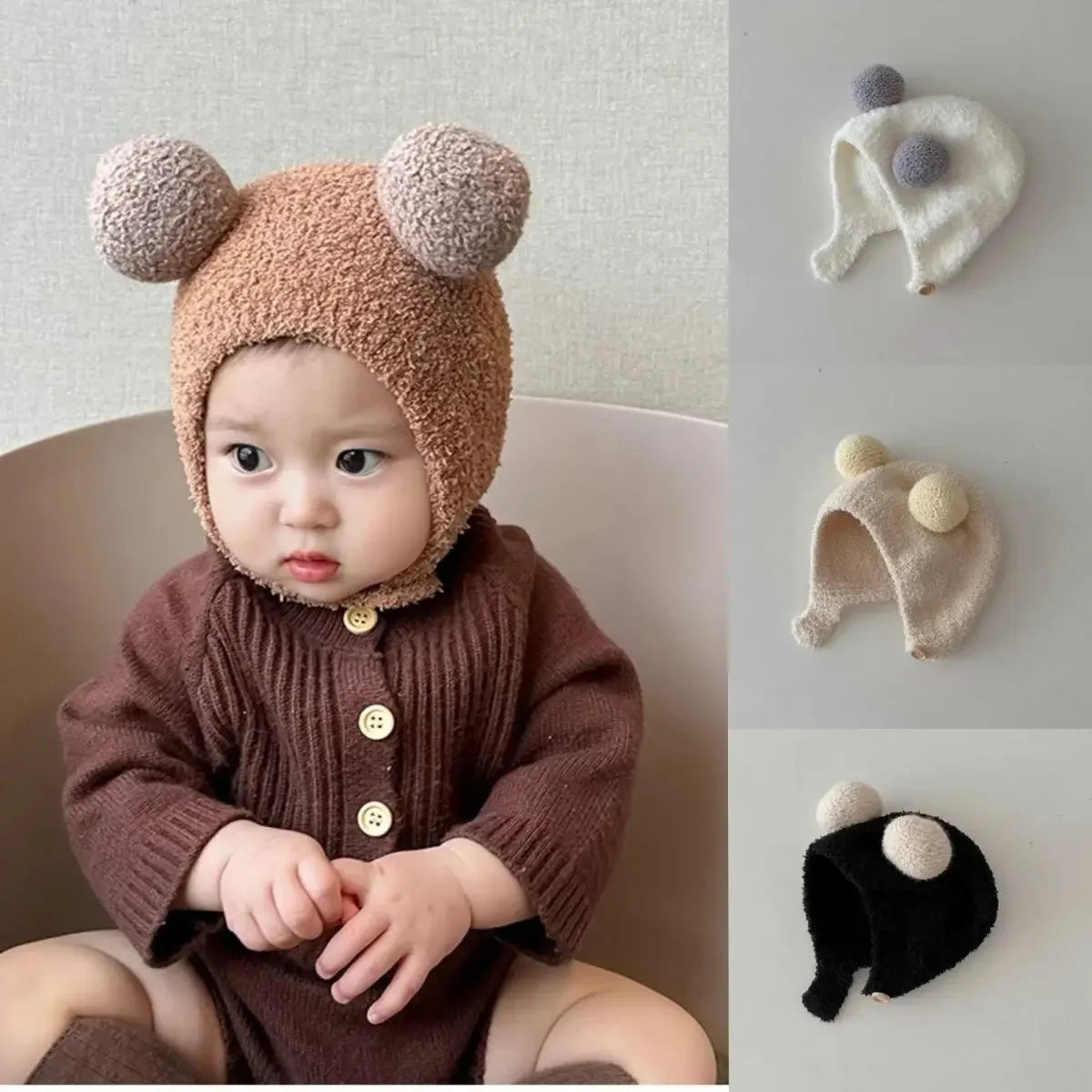 Mignons Bonnets d'Hiver Chauds pour Bébés Filles Garçons, en Polaire avec Bordure en Laine et Boule, Bonnets Solides en Laine avec Protection des Oreilles, Doux, pour Nouveau-Nés