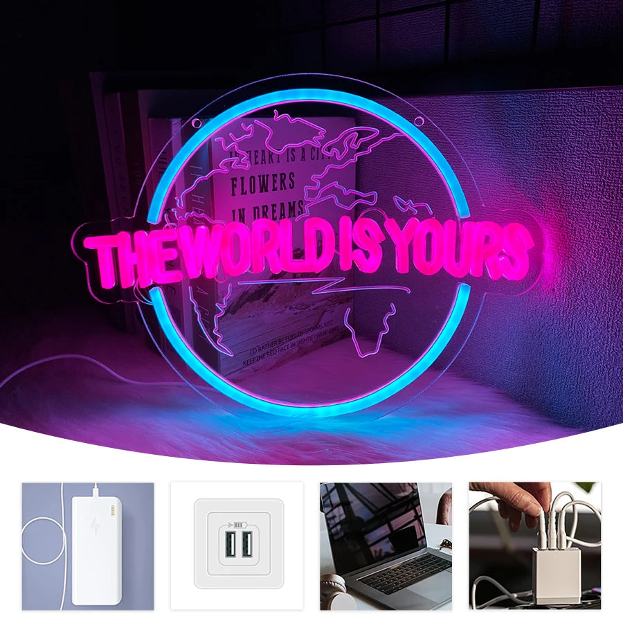 Néon LED Le Monde Est À Vous, Enseigne en forme de Terre Sculpture 3D, Utilisé pour la décoration de chambre à coucher, de club et de salle de jeux, Alimenté par USB.