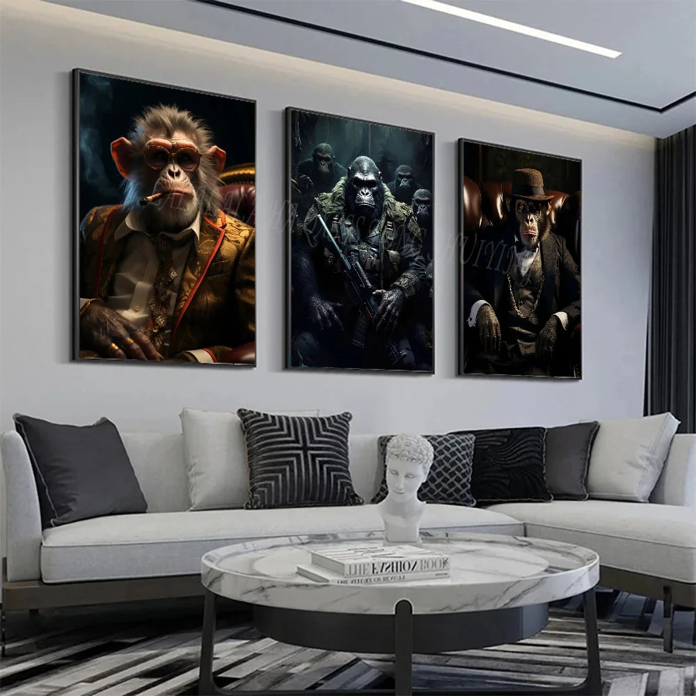 Affiche drôle de singe fumeur chimpanzé en costume de gorille gangsters HD affiches maison chambre bar café décor Art mural peinture photo