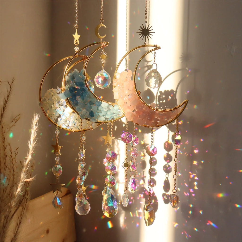 Pendentif attrape-soleil en cristal de couleur violet, bleu, vert et rose en forme de lune sablier, décoration à suspendre en forme de demi-lune pour fenêtre - Maison et jardin