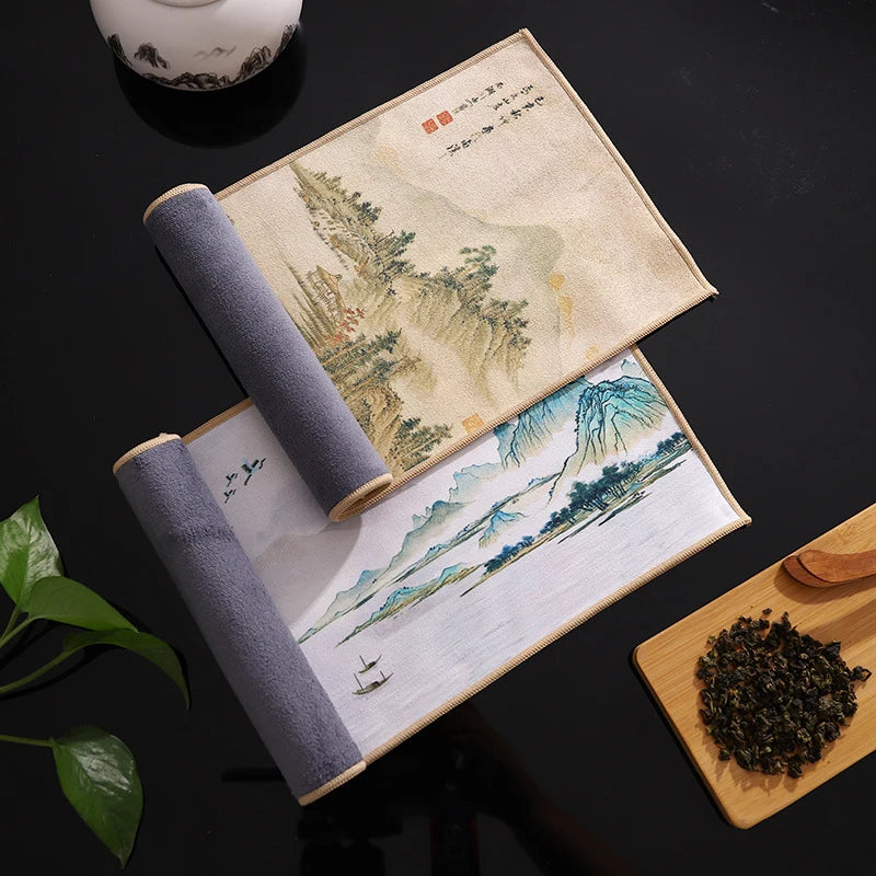 1 torchon de thé épais peint chinois, super absorbant, tapis de table, chiffon professionnel en daim, tapis de thé, serviette, accessoires de thé haut de gamme