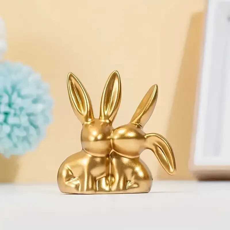 1 pieza Figura coleccionable, Adorno dorado de doble conejo lindo, artículo decorativo creativo para el escritorio del hogar.