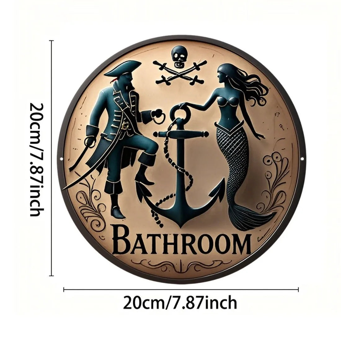 Retro Pirate Anchor Round Wall Art, Vintage Mermaid Metal Sign for Bathroom Home Outdoor Decor