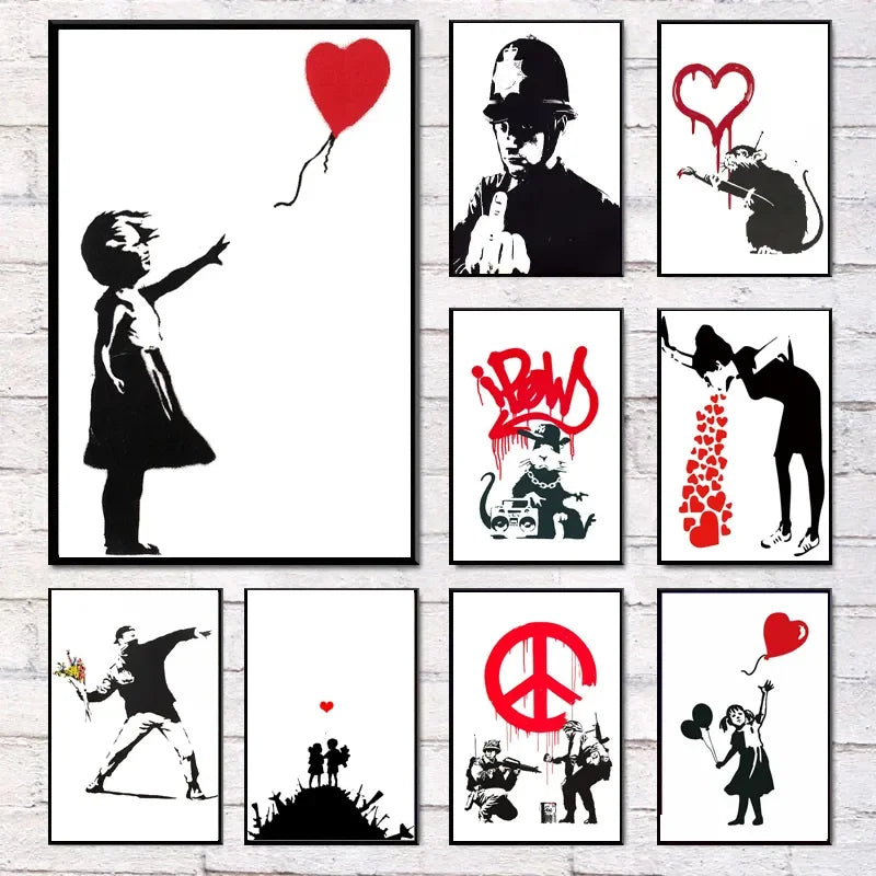 Niña y Globo Rojo Arte de Banksy Pintura en Lienzo con Caracteres Nórdicos Mural Póster para Sala de Estar Dormitorio Bar Decoración del Hogar