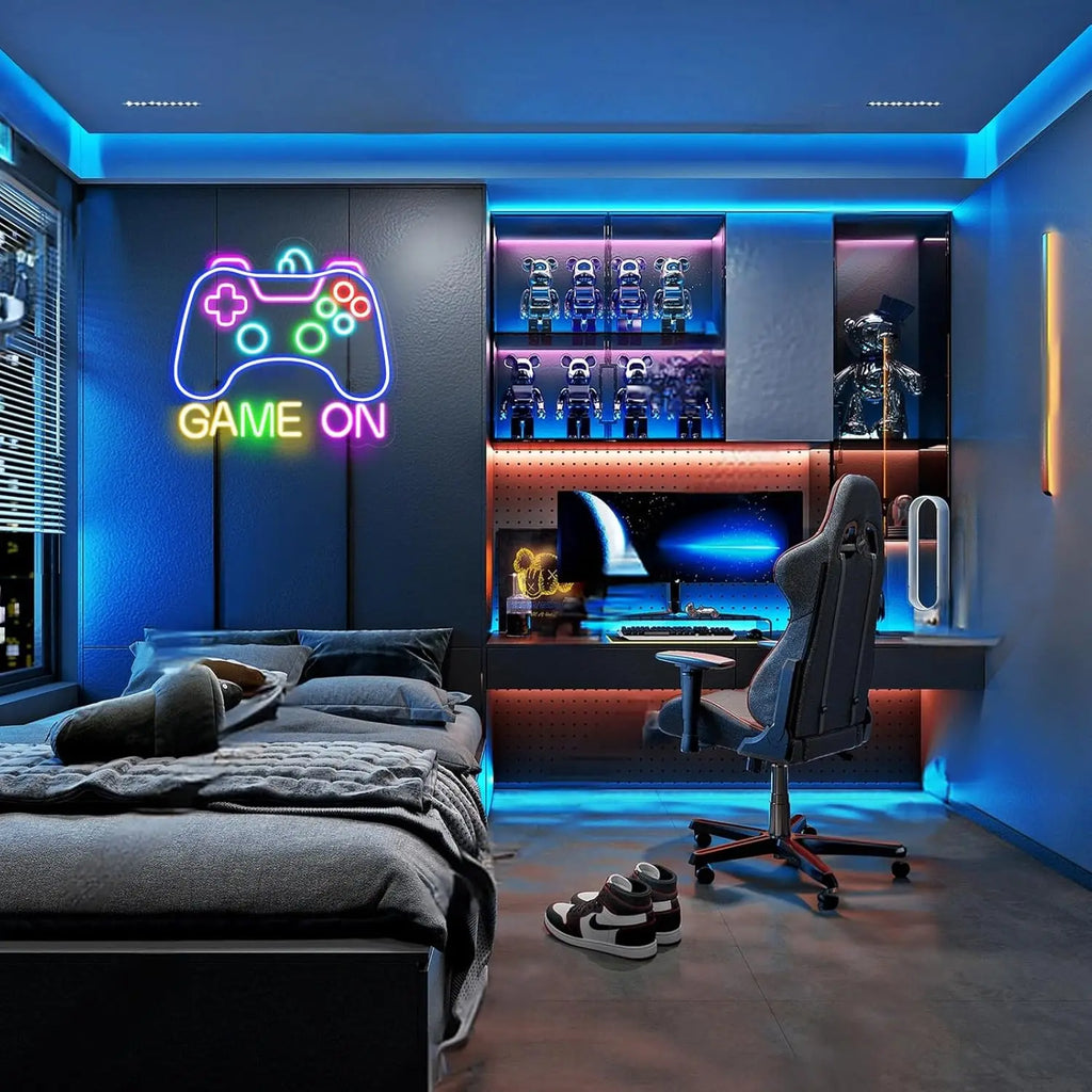 Letrero de neón para gamers, letrero de neón LED "Game On" para decoración de pared de gamers, letrero de neón de luz para dormitorio adolescente, regalos para gamers para niños