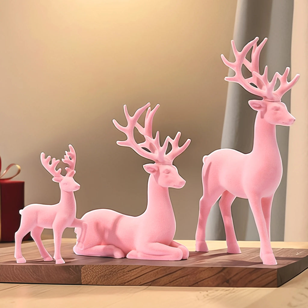 3 figuras grandes decoraciones navideñas de reno flocado rosa, estatua de decoración navideña, alce blanco de resina sintética sólida