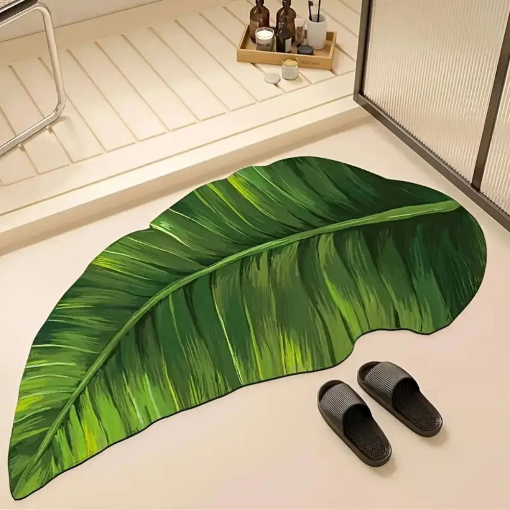 VIKAMA Alfombrilla de baño antideslizante de secado rápido, alfombra de ducha absorbente verde para el suelo del baño, alfombrilla de goma lavable con diseño de hojas y delgada