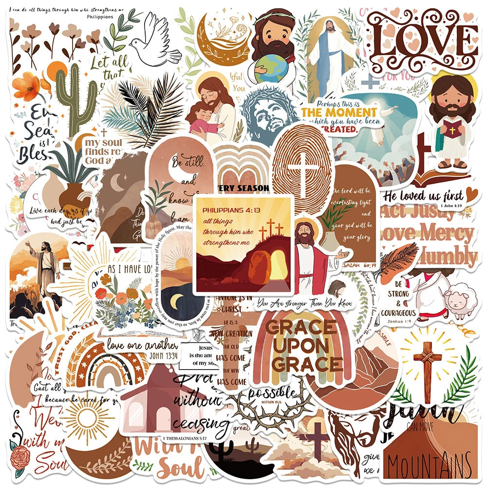 10/30/50pcs Pegatinas de dibujos animados de Jesús cristiano, versículos bíblicos, calcomanías de fe, para laptop, teléfono, equipaje de viaje, coche, papelería, juguetes