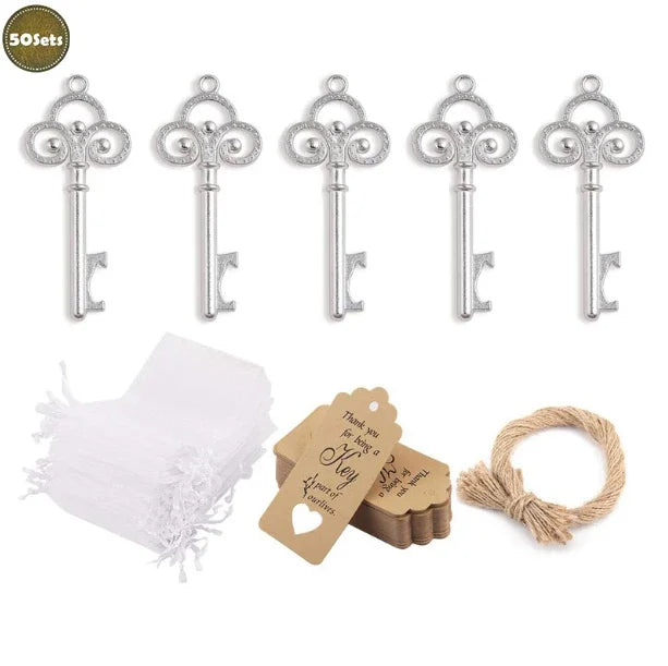 50Pcs/Set Key Bottle Opener With Tag Card Twine Yarn Bag Suitable For Wedding Gift Baby Shower Party Christmas Home Decor Gifts