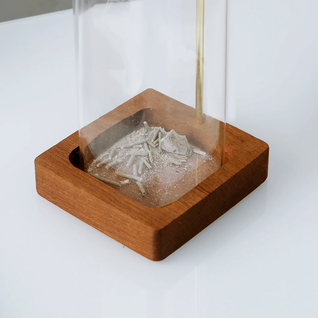 Soporte de incienso de vidrio, soporte de incienso de madera para varillas con recogedor de cenizas de vidrio, quemador de incienso anti-cenizas voladoras para yoga y decoración del hogar