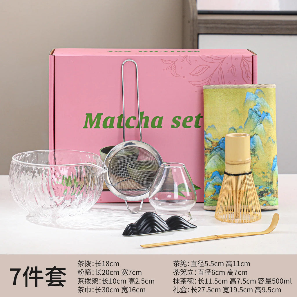 1/4/7Pcs Kit de fouets à matcha en verre pour débutants, élégant, en bois de bambou, kit de préparation de thé matcha japonais avec support de fouet, cuillère et tamis
