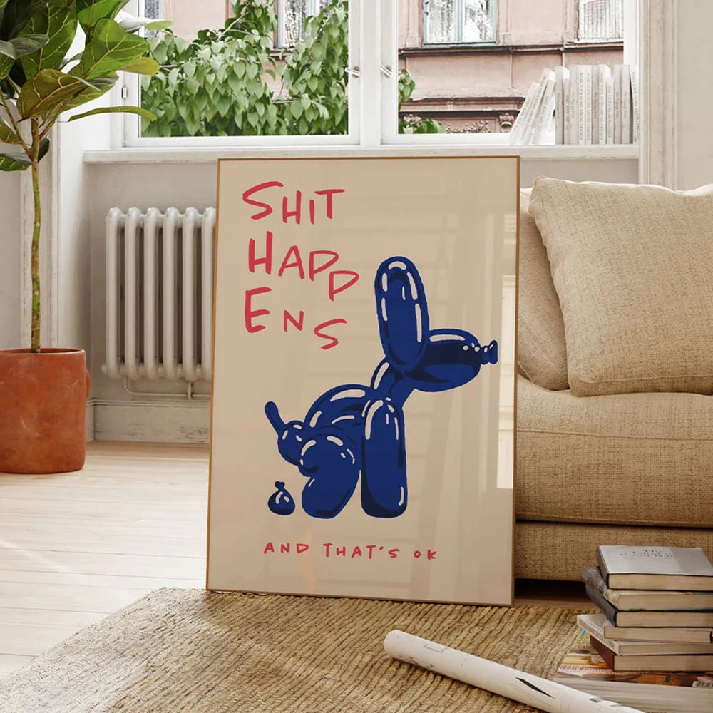 Tableau mural moderne de chien-ballon bleu, « Shit Happens And That's Ok », affiches de citations pour salon, chambre à coucher, décoration intérieure.