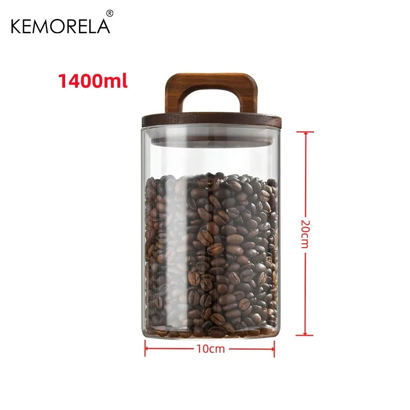 Bote de cristal con tapa de madera, recipiente hermético para alimentos, café, té, granos, tarro de almacenamiento de cocina, tarro sellado para café molido y caramelos