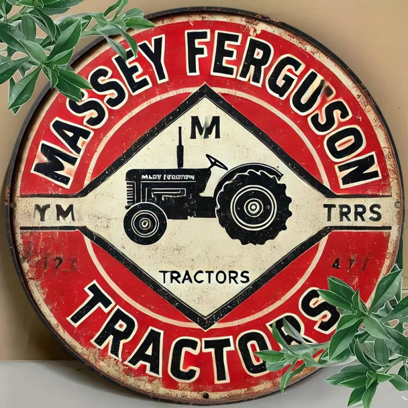 Letrero rústico vintage redondo de metal y aluminio de 1 pieza | Placa de estaño de tractor Massey Ferguson para decoración de pared | Retro, multiusos