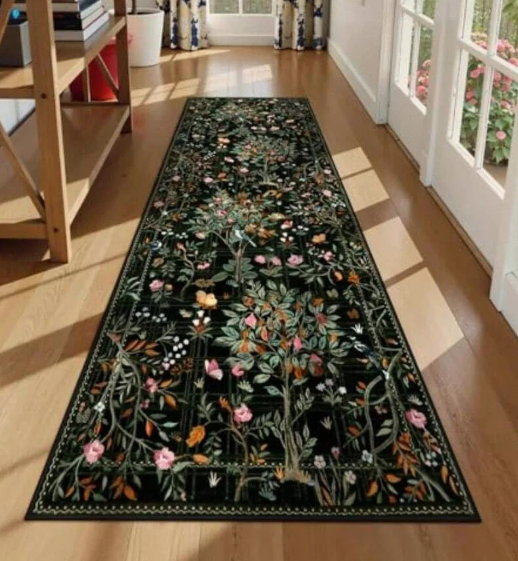 Geometric Gold Floral Feather Long Runner Rug Modern Vintage Mat Non Slip Durable for Hallway Kitchen Living Room Home Decor