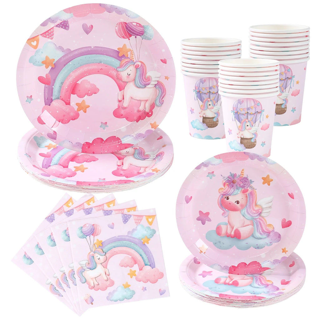 Juego de vajilla desechable de unicornio: platos, vasos, servilletas, decoración de fiesta de cumpleaños para niños y niñas, artículos para fiesta de cumpleaños de boda