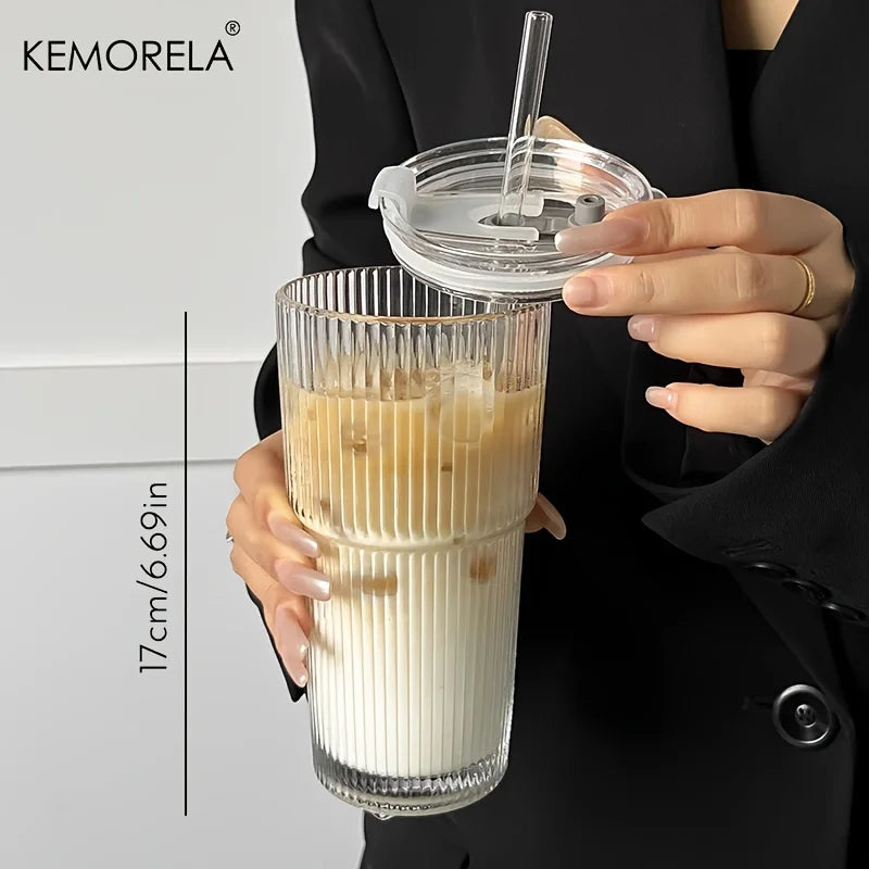 Vaso de café de cristal a rayas de 600 ml con tapa y vaso transparente sin pajita para zumo, café helado, tazas, vasos