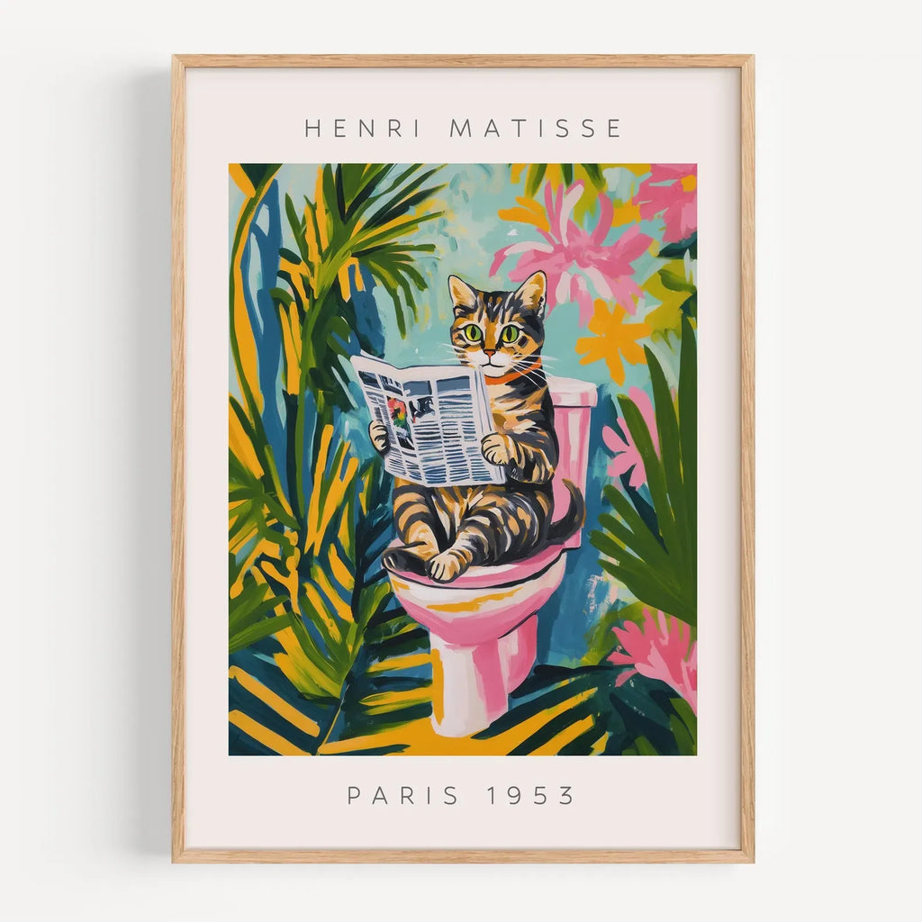 Gato negro en el inodoro, arte de pared para baño, póster de Matisse, decoración de baño divertida, decoración tropical rosa
