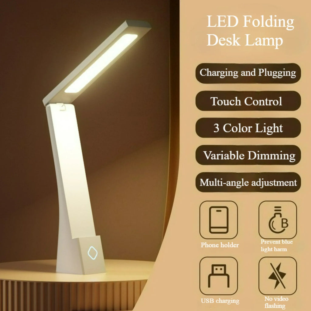 Lampe de bureau pliante LED tactile 3 couleurs, variateur, rechargeable et filaire, protection oculaire, lampe de table d'apprentissage, veilleuse de chevet de chambre