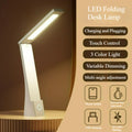 Lampe de bureau pliante LED tactile 3 couleurs, variateur, rechargeable et filaire, protection oculaire, lampe de table d'apprentissage, veilleuse de chevet de chambre