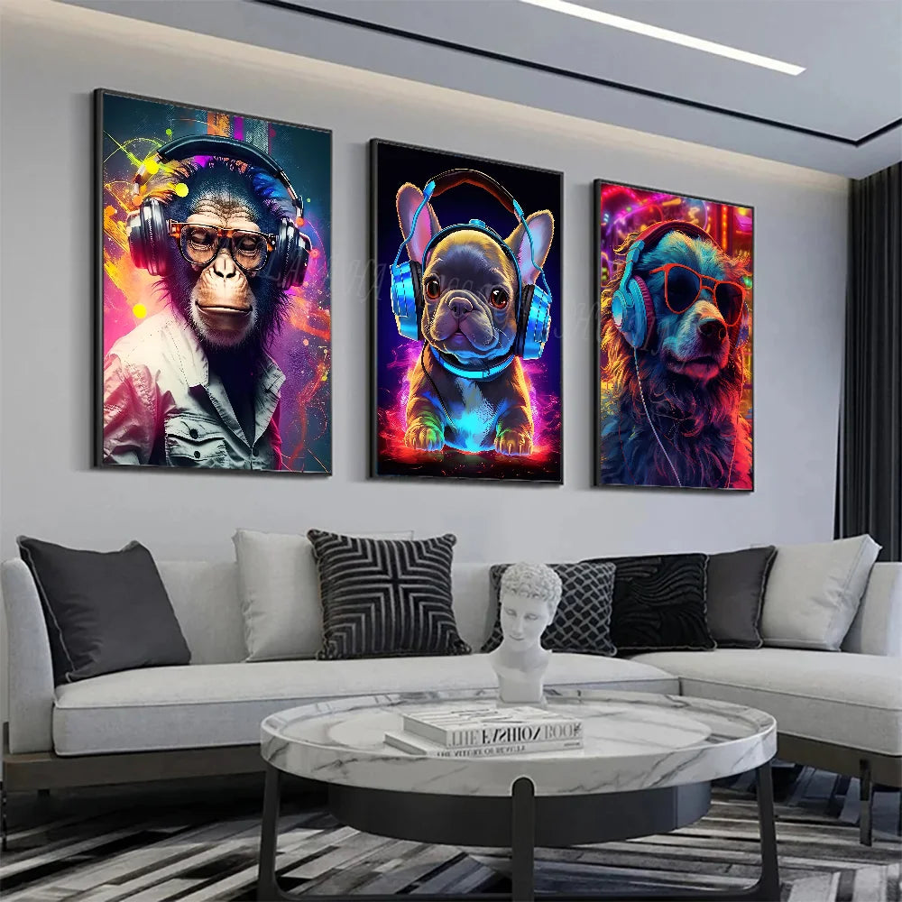 Animal Mono Gato Perro Auriculares Dj Música Póster Lienzo P Póster HD Pósters Hogar Habitación Bar Cafetería Decoración Arte Pintura Mural Imagen