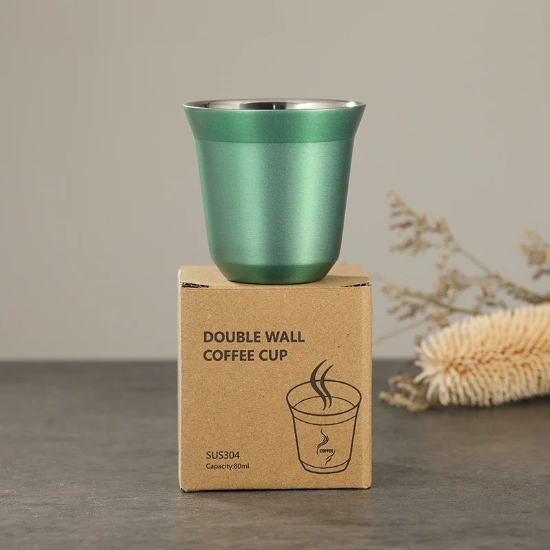 Nouvelle tasse à café capsule à double paroi en acier inoxydable, fond plat, simple et estival, couleur unie de haute qualité.