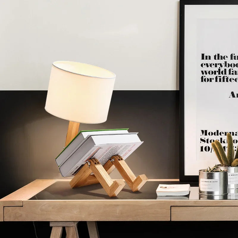 Lampe de table réglable en forme de robot E27 en bois et tissu, lampe de chevet pliable pour salon, bureau, livraison directe