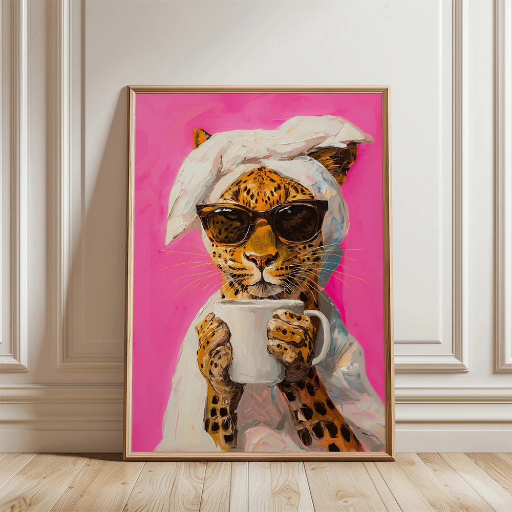 Modern Leopard Drinking Morning Coffee Colorful Dopamine Prints Canvas Painting Poster Picture For Living Room Home Decor