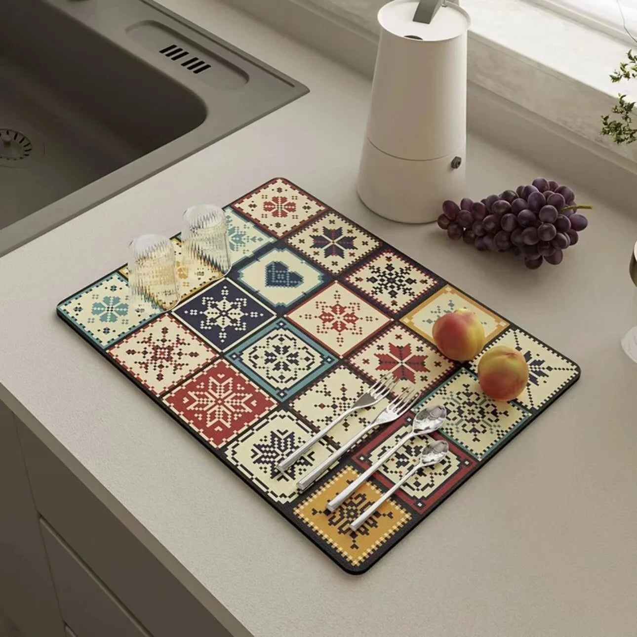 VIKAMA Mantel Individual Súper Absorbente de Mármol Negro para Secar Platos, Alfombrilla Antideslizante para Botellas de Cocina, Vajilla de Lujo para Tetera, Bar, Mostrador