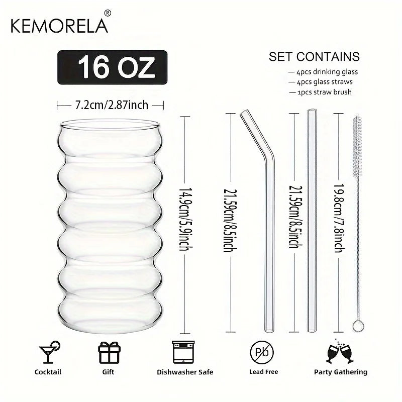 500ML 1/2/4PCS Vasos con Forma de Onda para Bebidas con Pajitas Vasos de Vidrio Vintage Vasos Ondulados para Vino, Champán, Cóctel