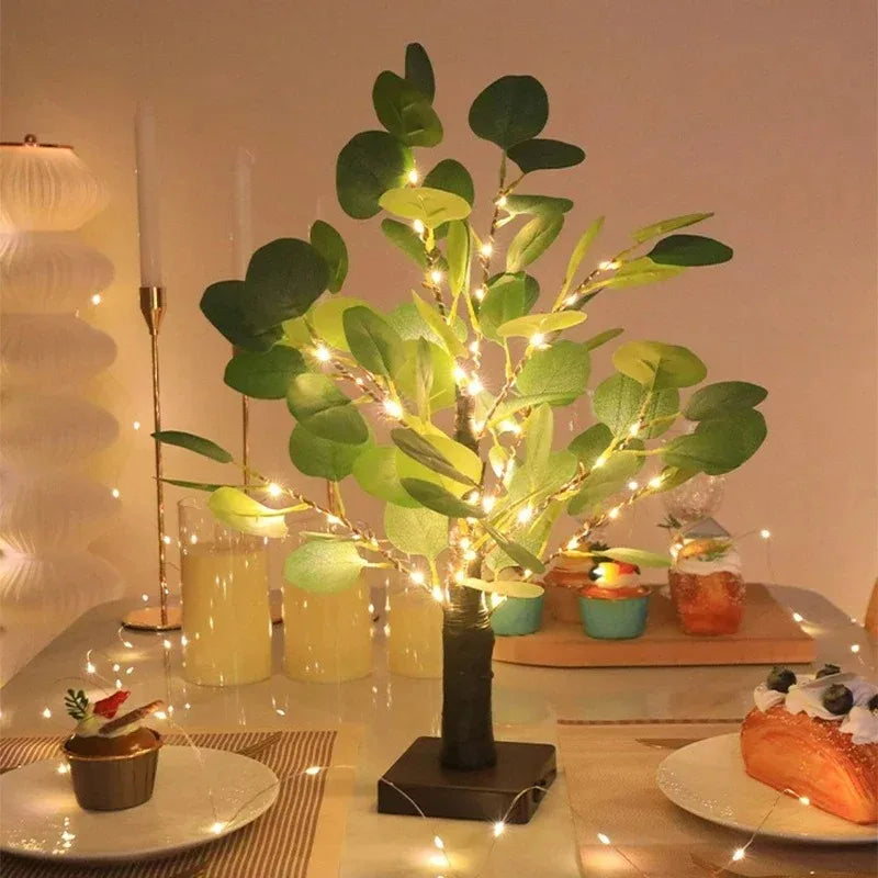 Luces LED para árbol de eucalipto artificial, con batería y USB, para decoración de habitaciones, fiestas, lámpara de Navidad, regalo de Acción de Gracias