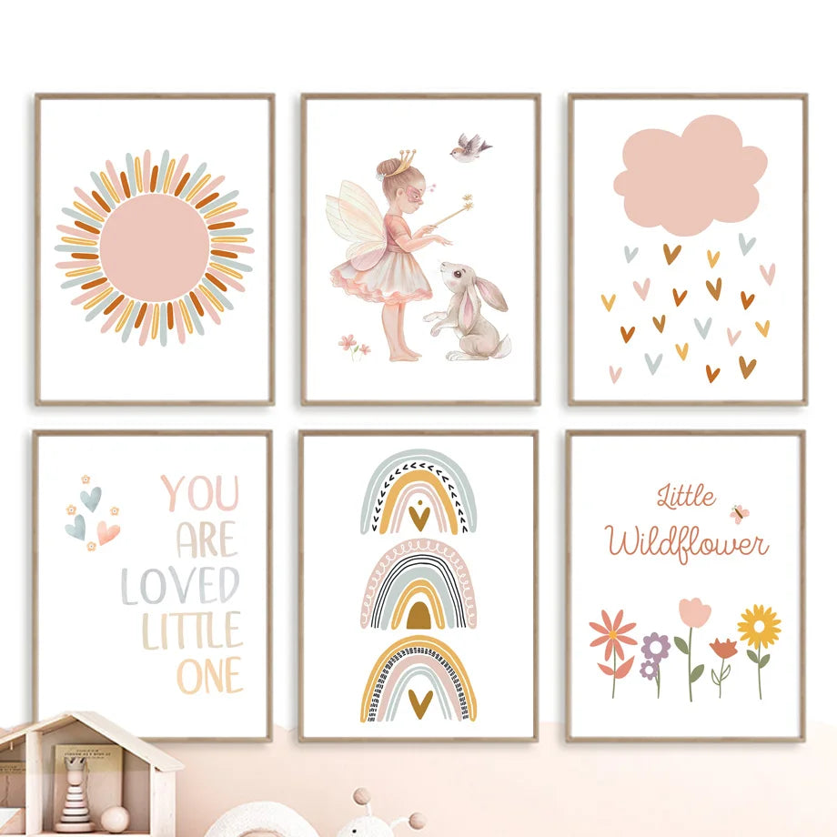 Niñas Ángel Kawaii Conejo Sol Arco Iris Nube Dibujos Animados Carteles Infantiles Pintura en Lienzo Impresión de Arte de Pared Imagen Decoración de Habitación de Bebés Niños