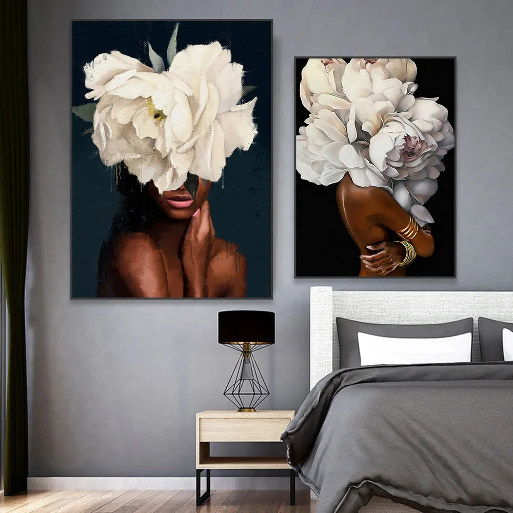 Clásico abstracto arte de pared mujer negra niña con flores lienzo impreso póster impresión póster decoración del hogar sala de estar dormitorio