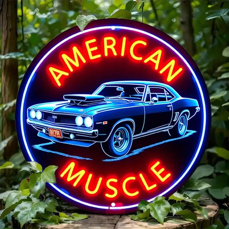 1 Letrero de Neón de Coche Clásico Americano de Inspiración Vintage, Arte de Pared Redondo de Aluminio con Bordes Elegantes, Rojo y Azul Brillante, Perfecto para Cafetería