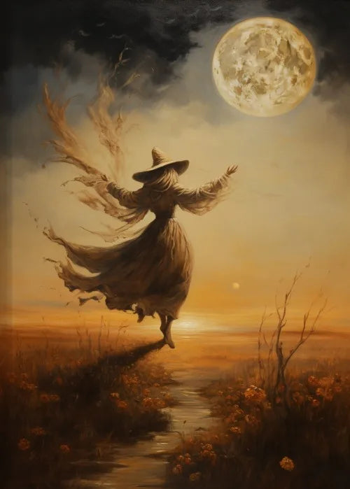 Estampa artística de bruja, bruja con luna llena, decoración de pared, pintura de brujas en la oscuridad, decoración de pared, póster de lienzo, decoración romántica oscura