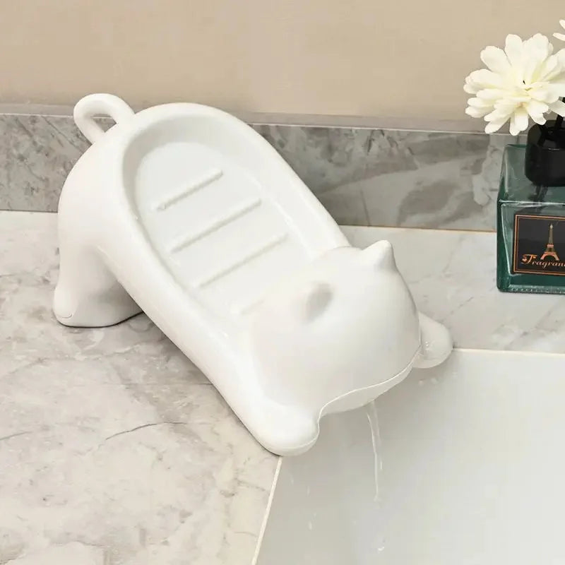 Porte-savon mignon en forme de chat de dessin animé avec drainage, support en plastique pour salle de bain, idéal pour le rangement de savon et d'éponges, porte-savon décoratif