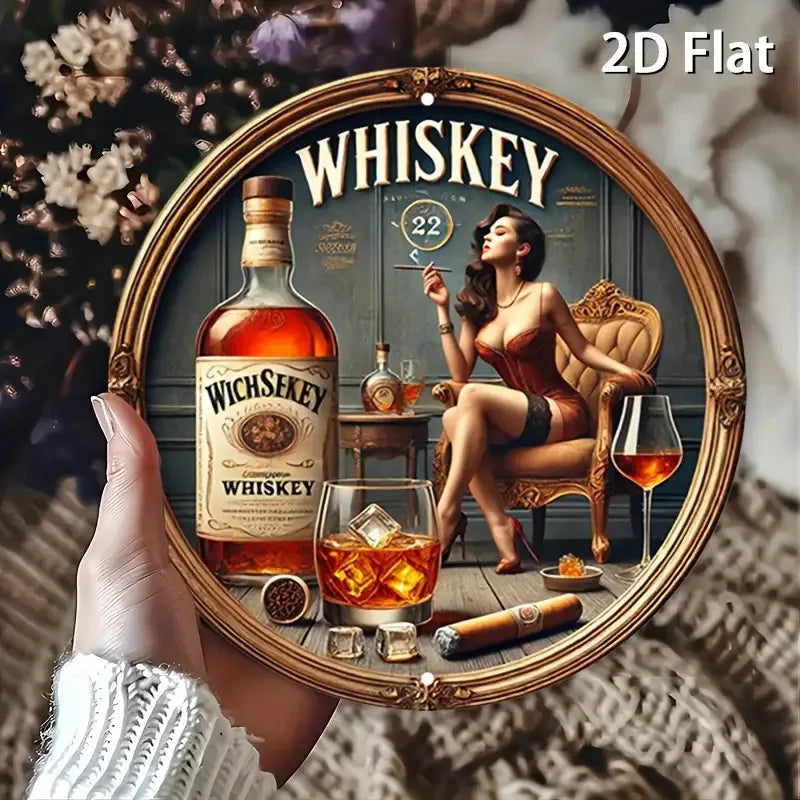 1 letrero de metal redondo vintage con temática de whisky - Diseño de logotipo inspirado en mujer del whisky y James Bond, arte de whisky escocés y bourbon